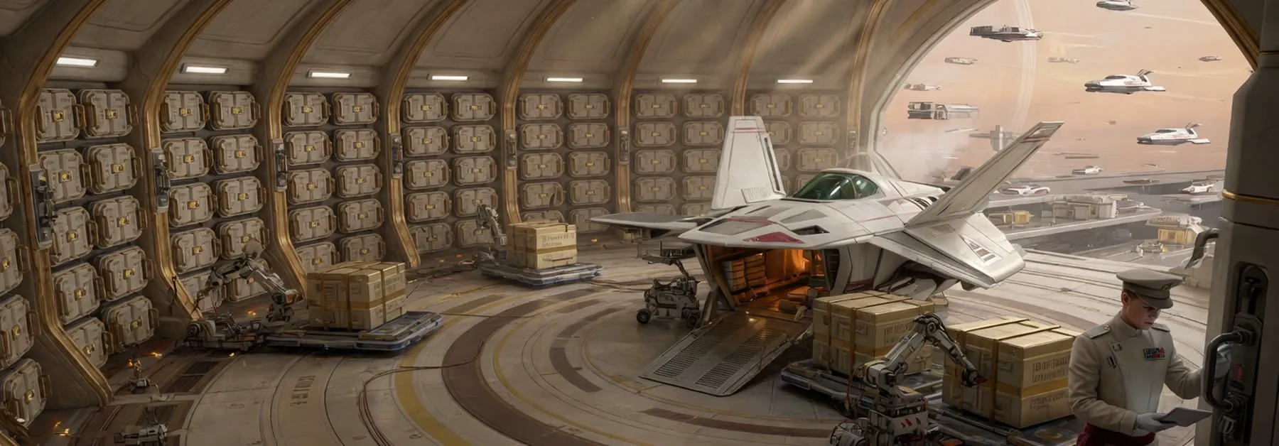 A ship is loaded with identical labeled crates from a wall of storage before departure.