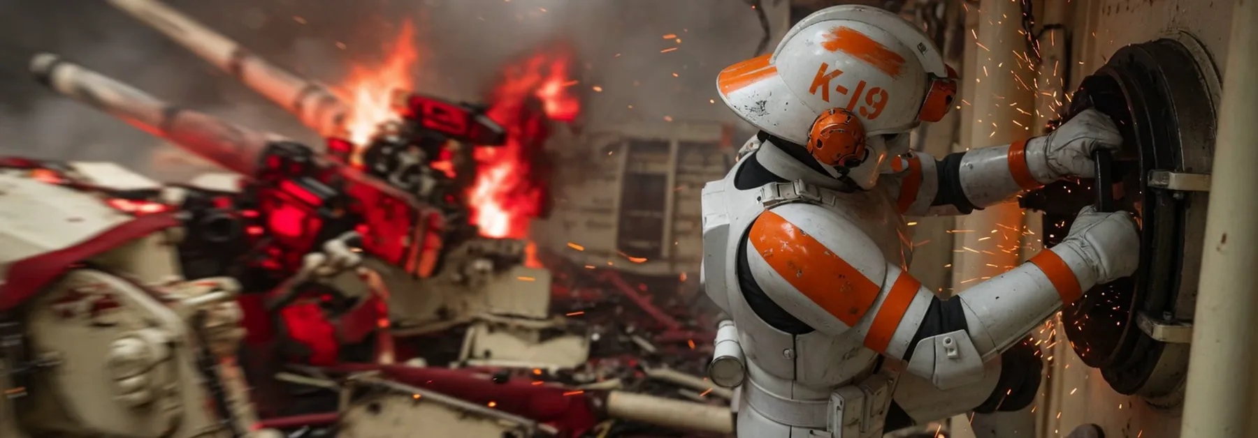 A trooper on the right seals a hatch while the deck burns.