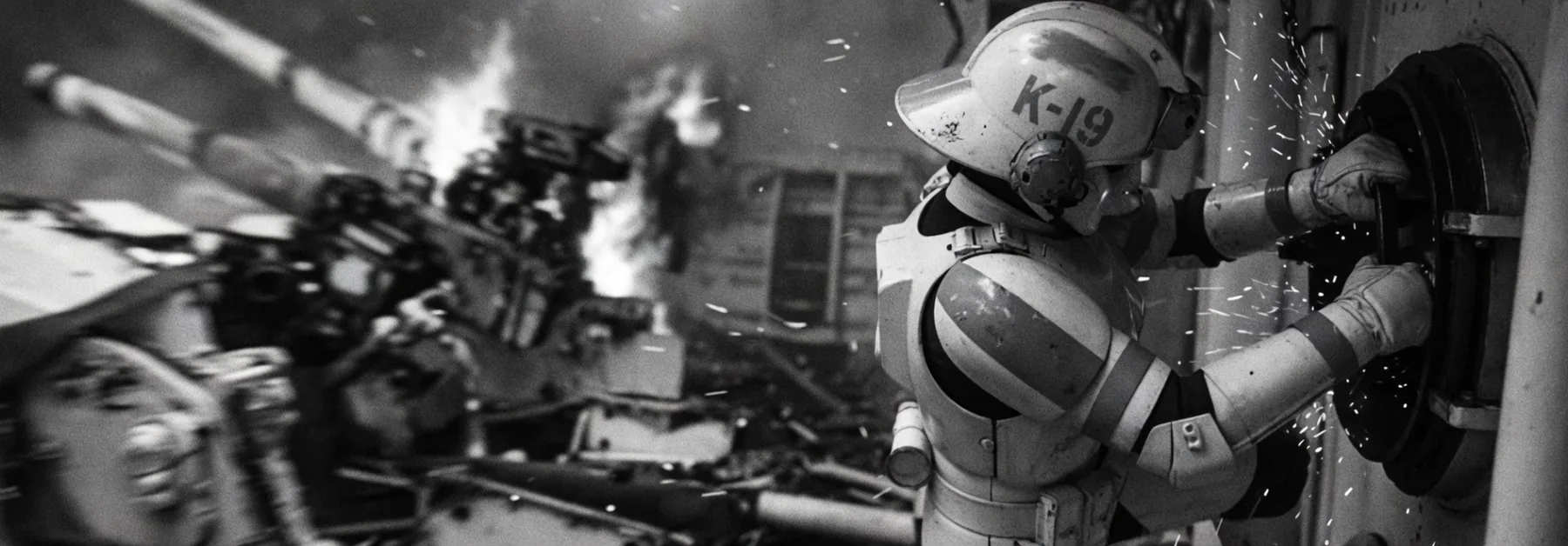 A trooper on the right seals a hatch while the deck burns.