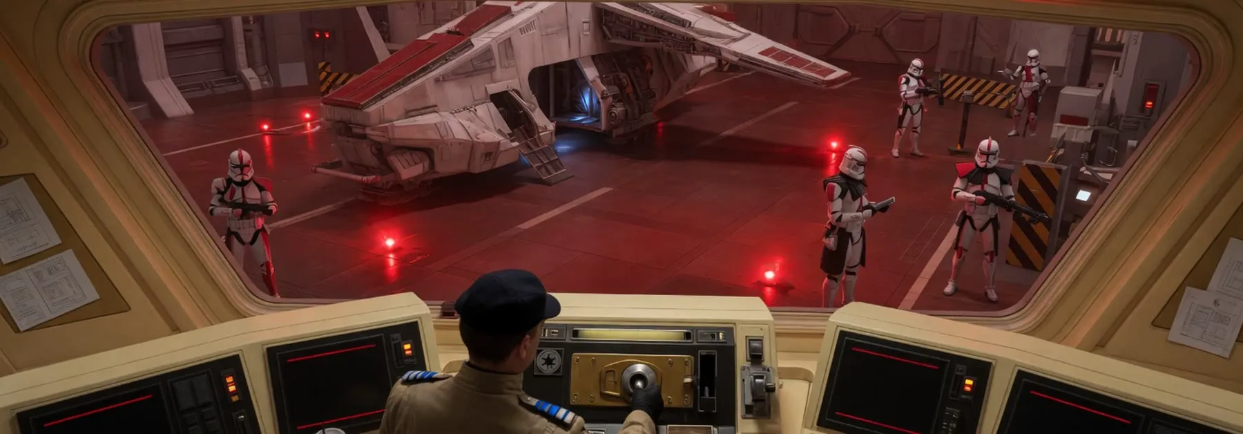 An officer watches an identical squad hold position around a docked shuttle.