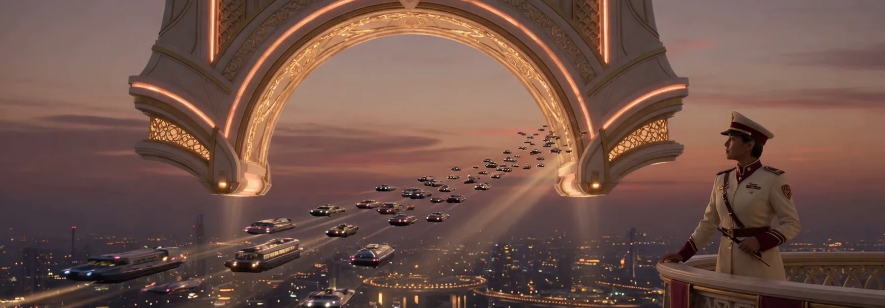 All traffic passes a single sky arch; an officer watches from a balcony.