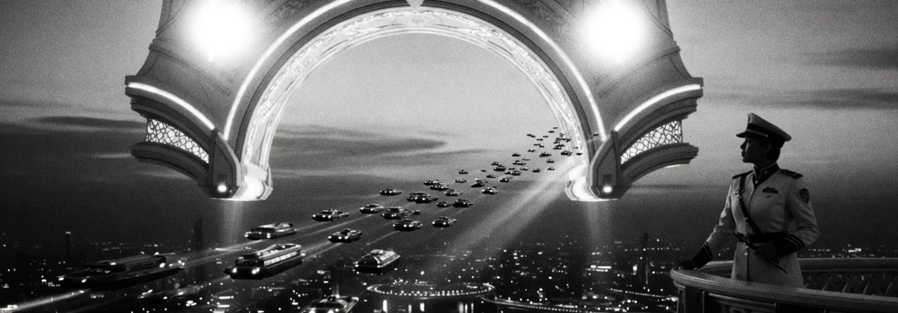 All traffic passes a single sky arch; an officer watches from a balcony.