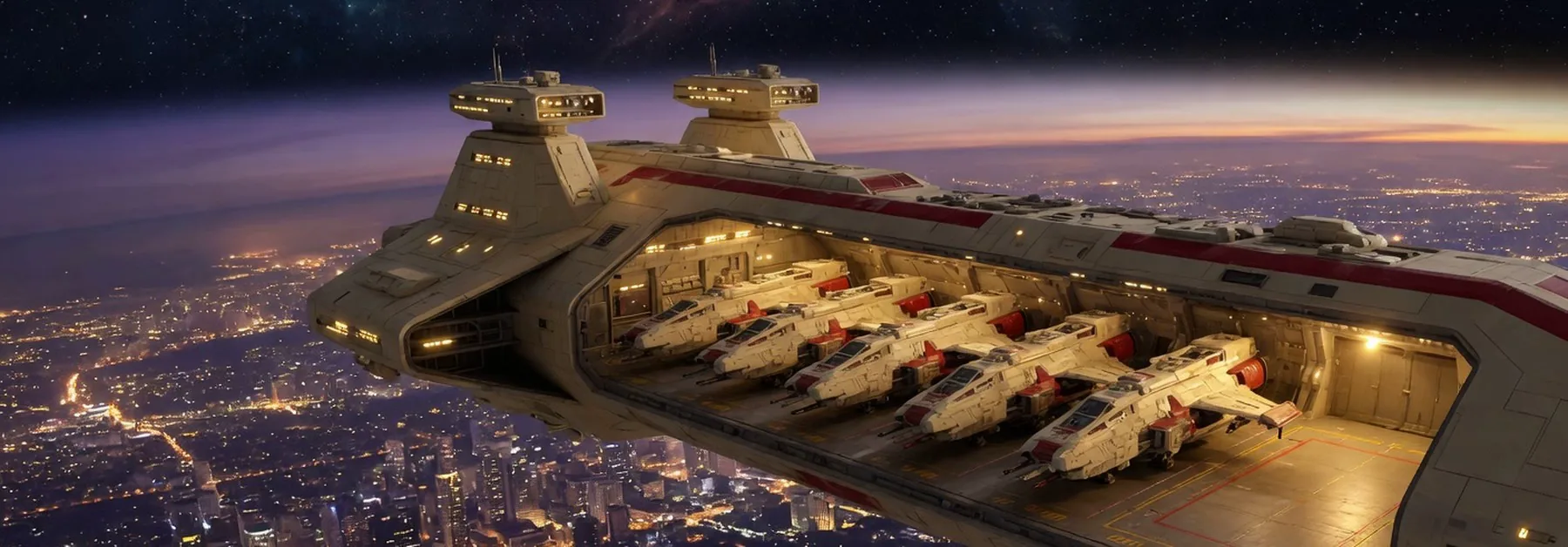 A cream cruiser hangar: a line of gunships and one empty bay.