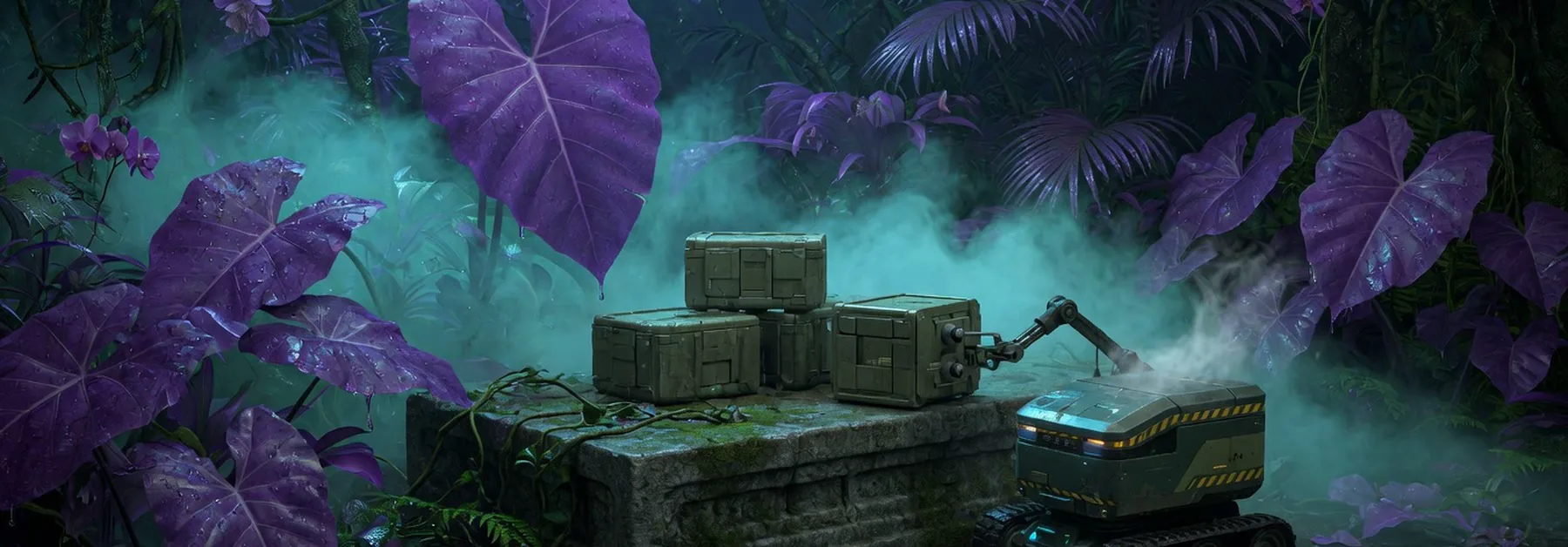 A unit delivers the last crate in a neon jungle and powers down.