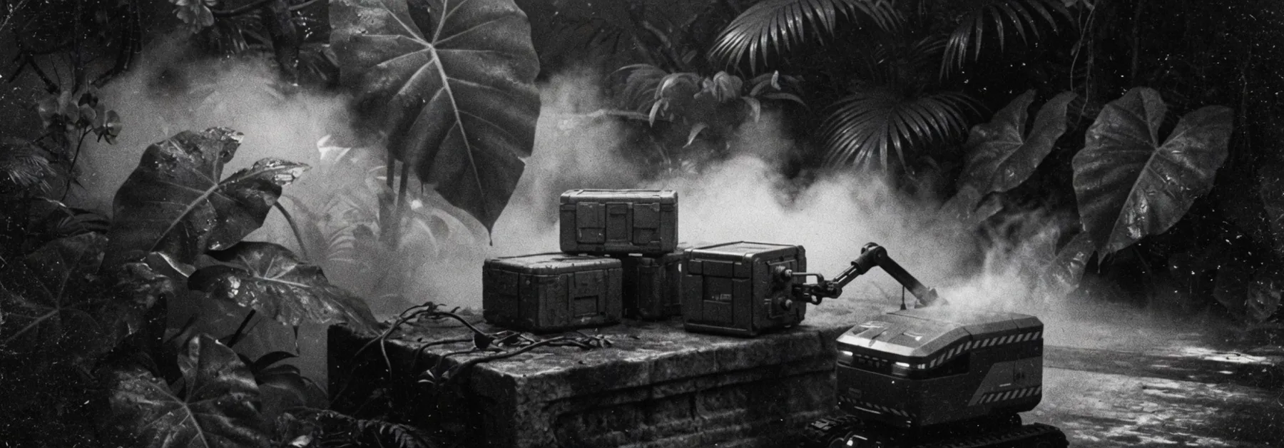 A unit delivers the last crate in a neon jungle and powers down.