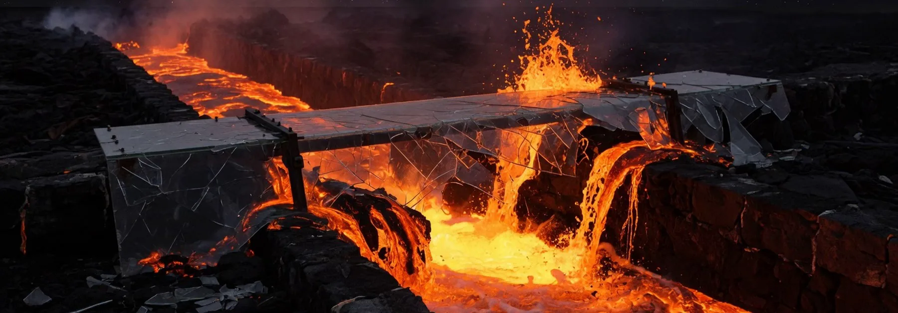 Lava overflows a shattered glass weir.