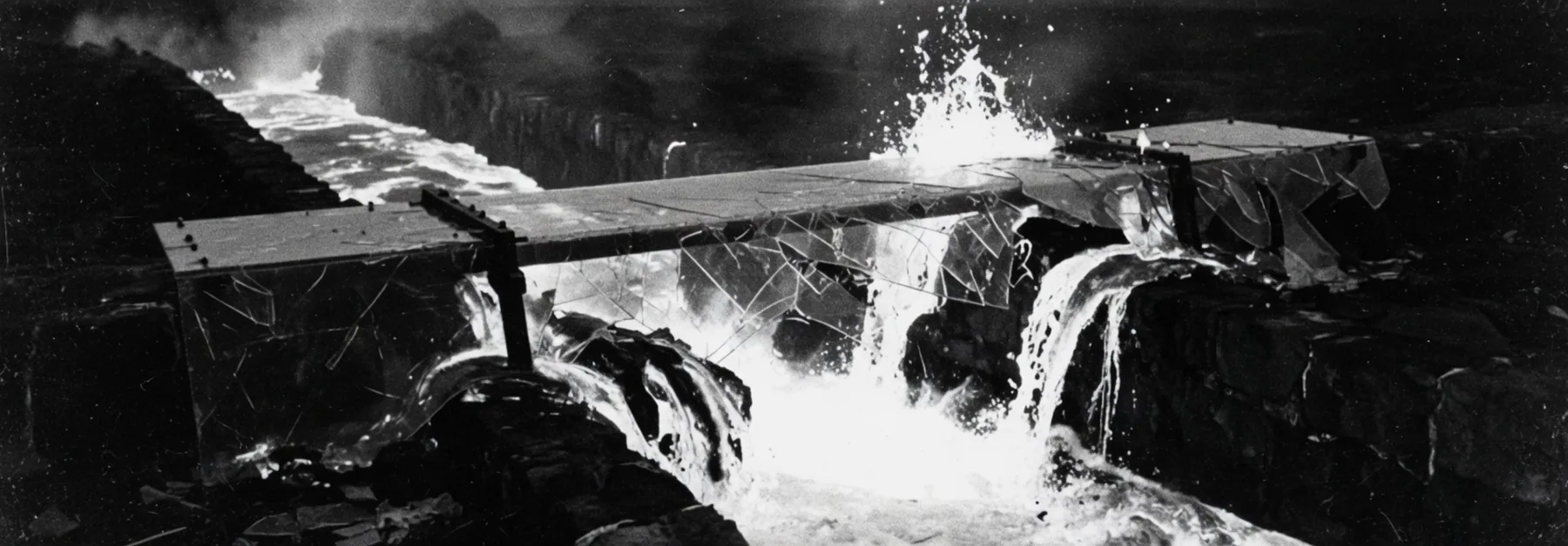 Lava overflows a shattered glass weir.