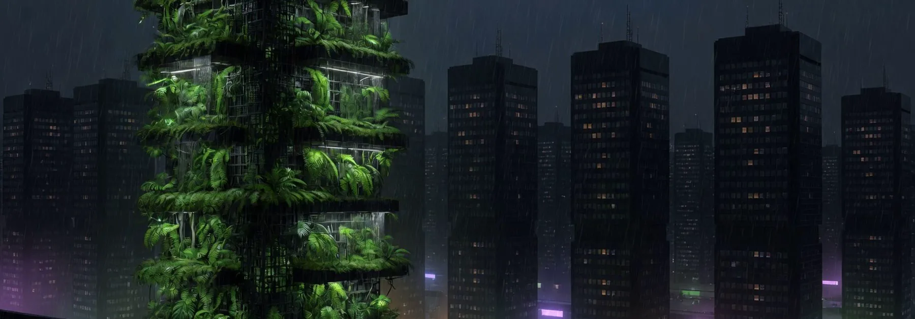 One living tower among identical black towers in the rain.