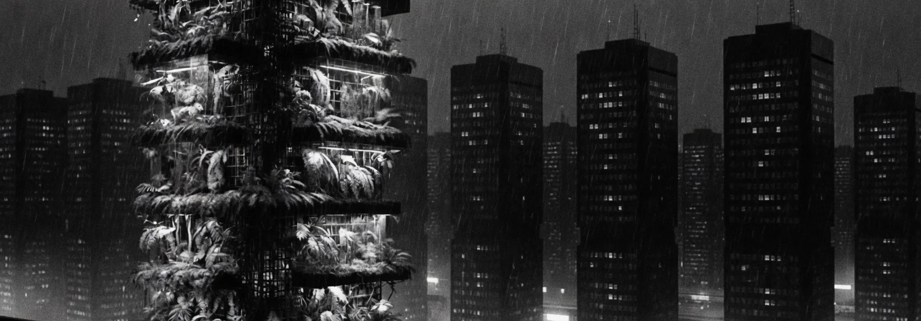 One living tower among identical black towers in the rain.