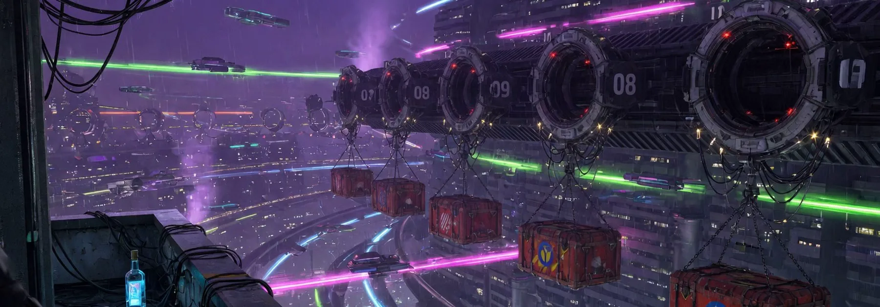 Numbered rings, each with its own hanging crate.