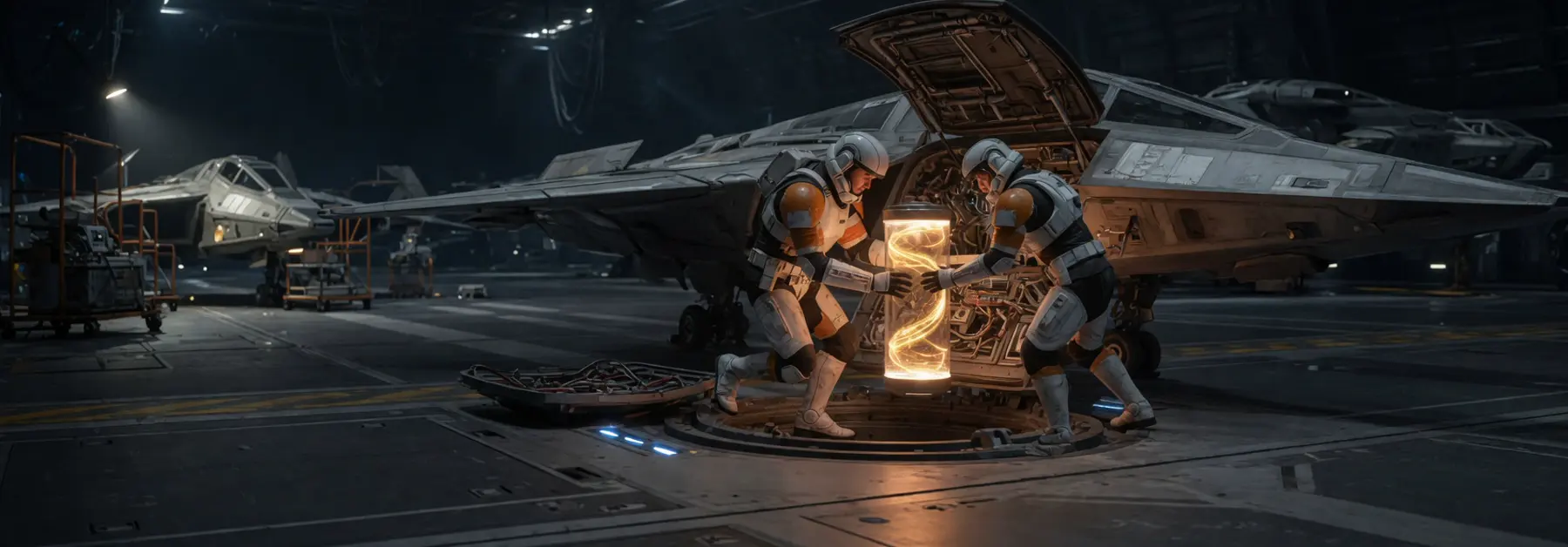 Two crew carry a glowing core toward an open fighter.