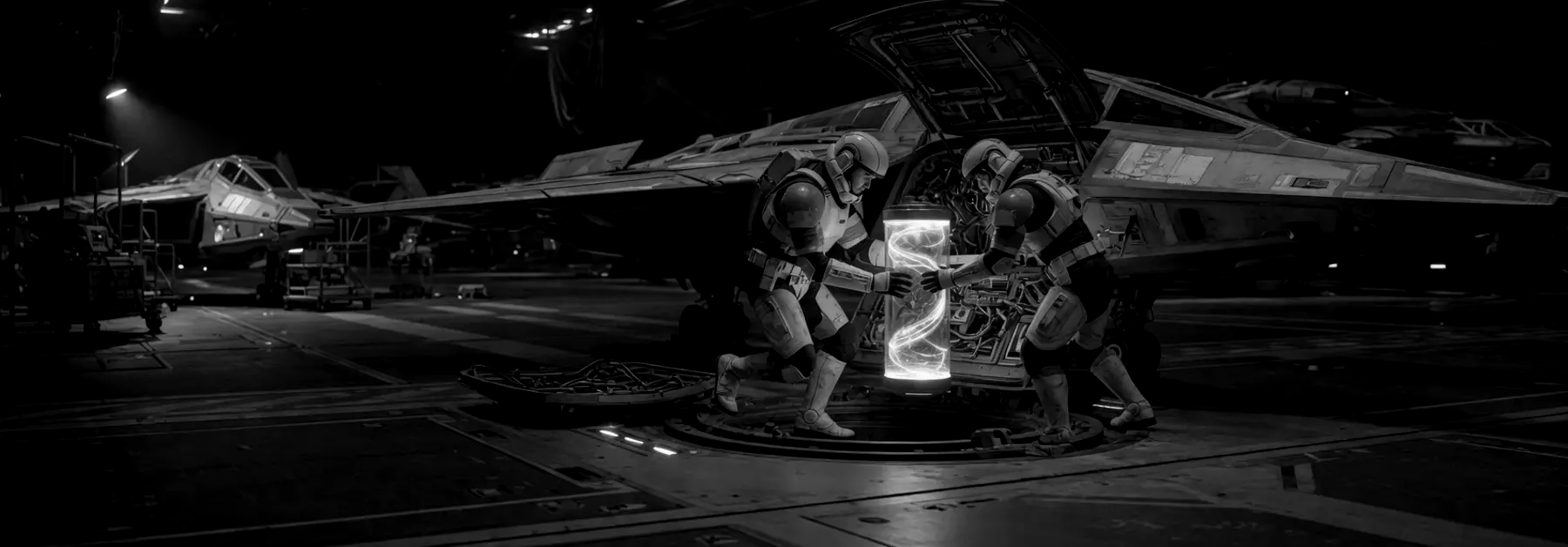 Two crew carry a glowing core toward an open fighter.