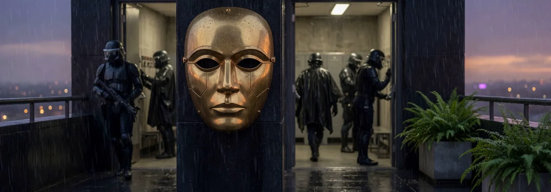 A gold mask stays on the column while people cycle through the door behind it.