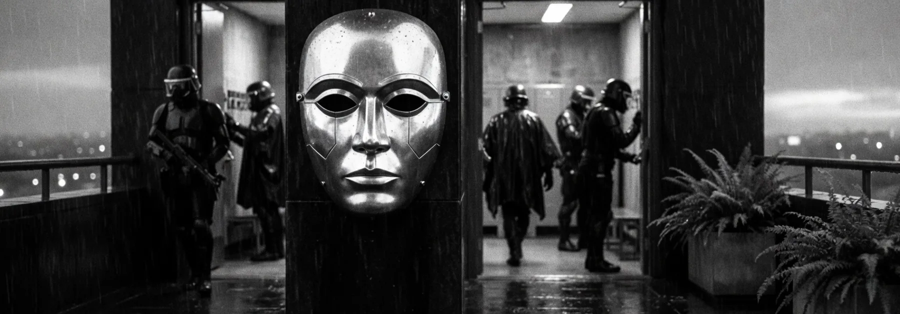 A gold mask stays on the column while people cycle through the door behind it.