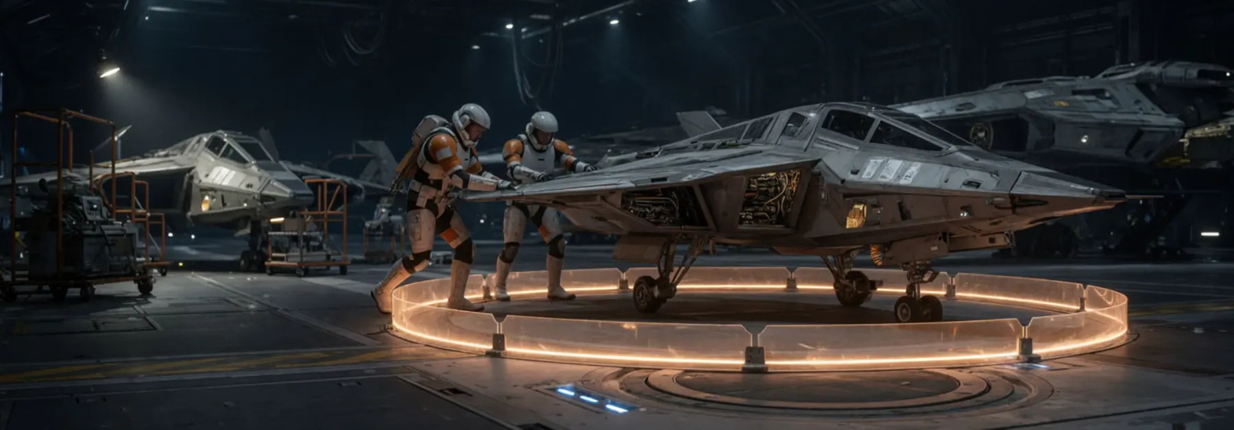 Crew roll a fighter off a pad closed by a glowing ring.