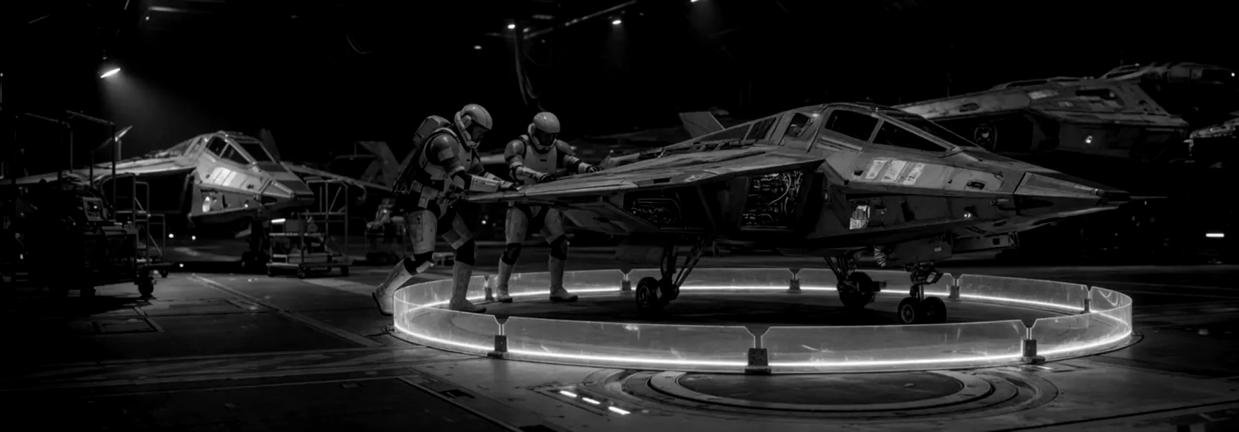 Crew roll a fighter off a pad closed by a glowing ring.