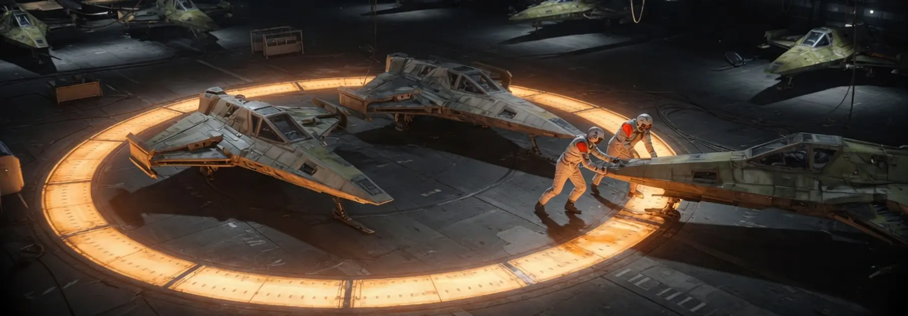 Two fighters stay inside a glowing ring while crew roll a third one off the pad.