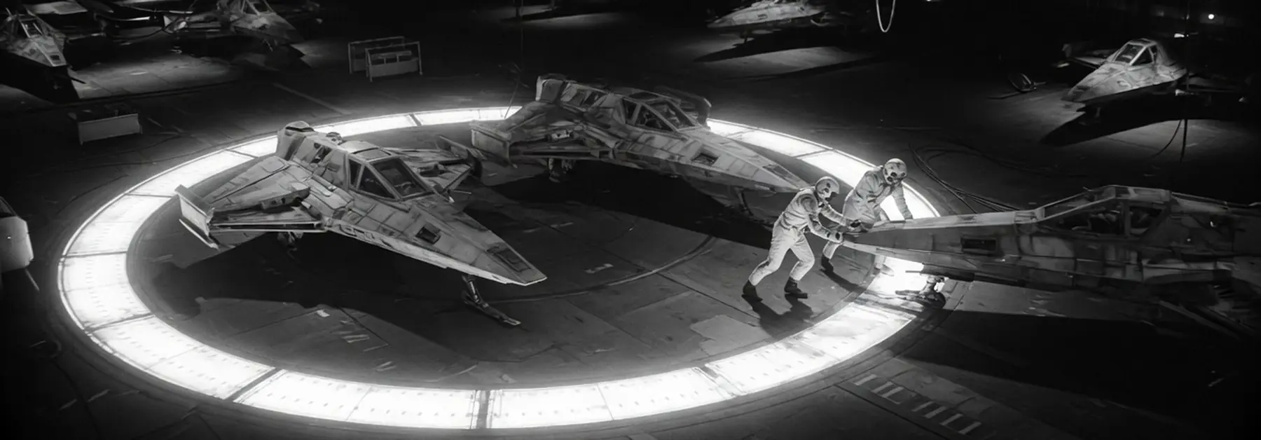 Two fighters stay inside a glowing ring while crew roll a third one off the pad.
