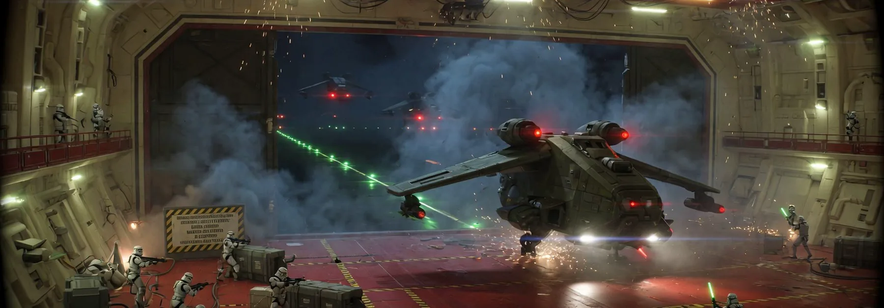 A bulky gunship comes in under fire through a hangar gate.
