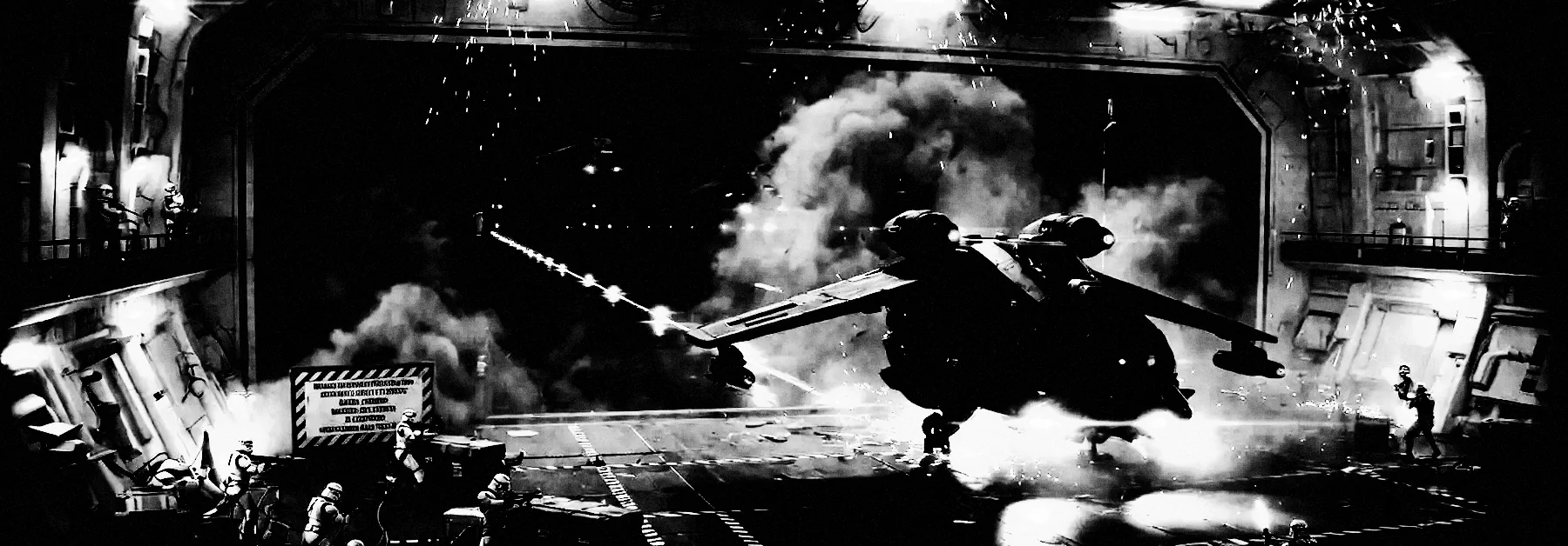 A bulky gunship comes in under fire through a hangar gate.