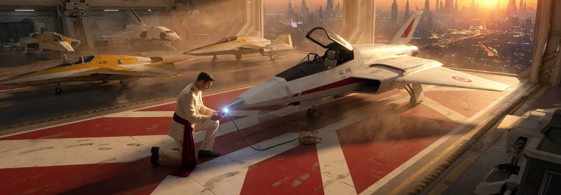 An officer kneels and probes a fighter in a hangar at sunset.