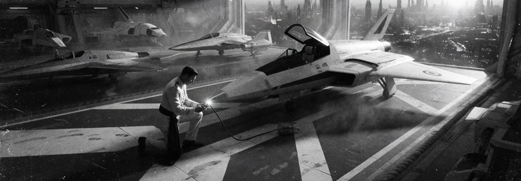 An officer kneels and probes a fighter in a hangar at sunset.