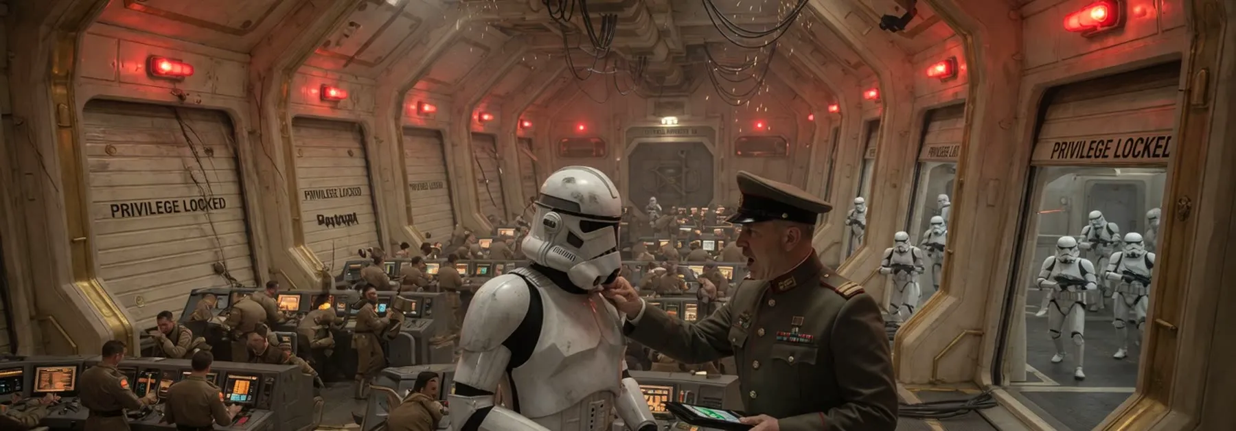 An officer clears a trooper through a corridor of doors marked Privilege Locked.