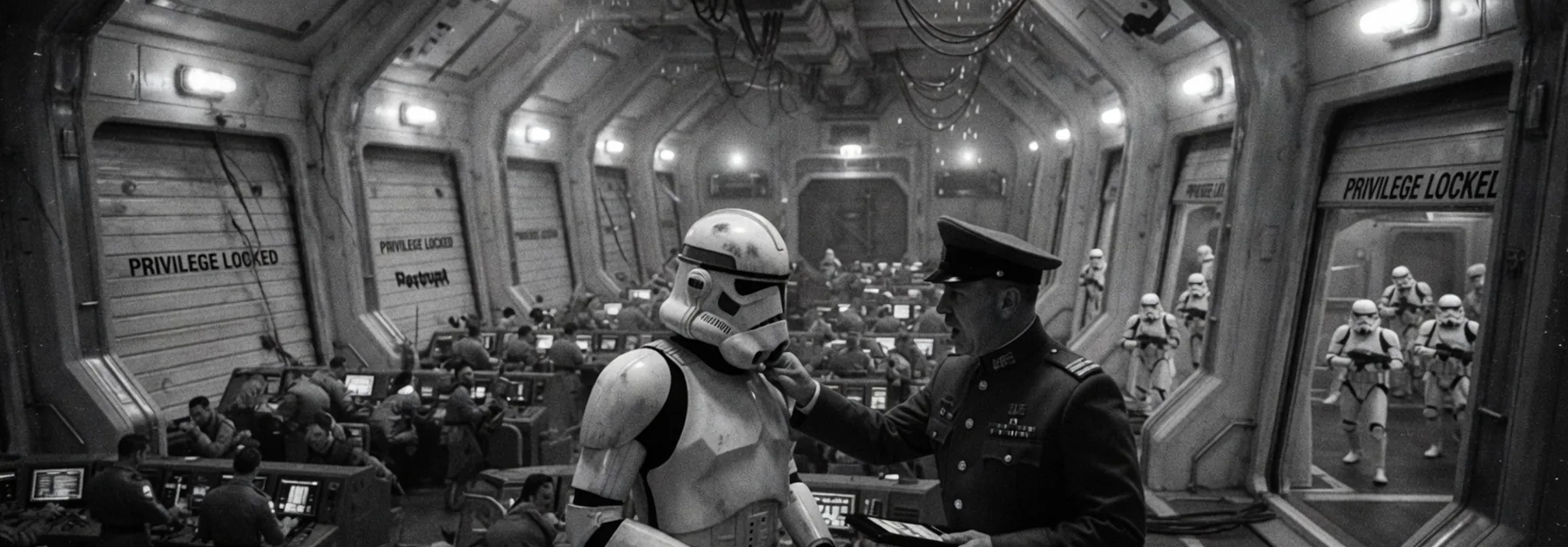 An officer clears a trooper through a corridor of doors marked Privilege Locked.