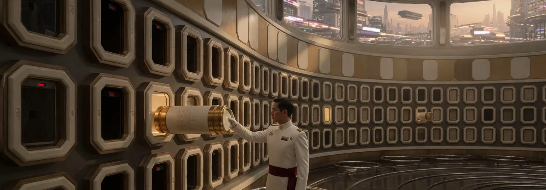 An officer withdraws a sealed capsule from a vault wall.