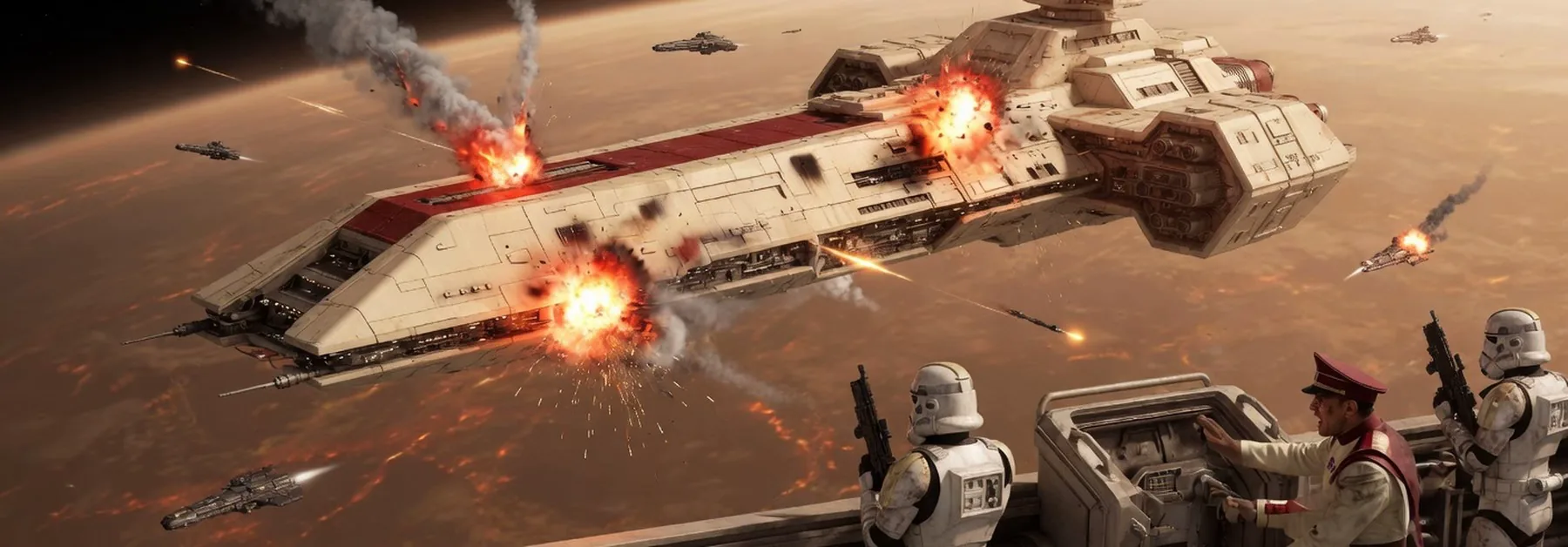 A capital ship takes hits while the gun deck stays locked down.