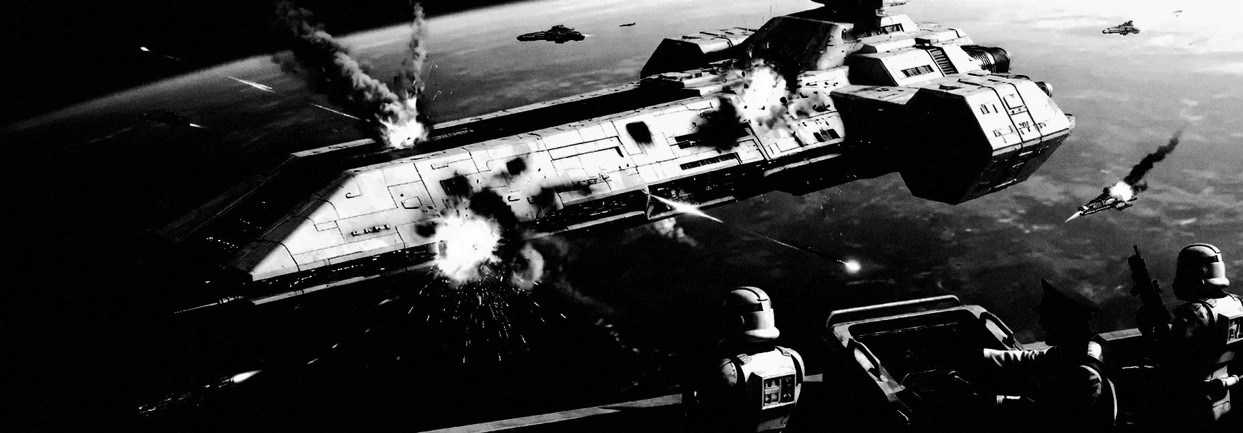 A capital ship takes hits while the gun deck stays locked down.