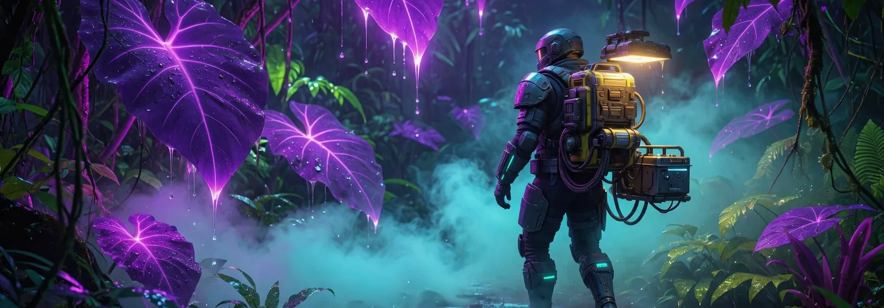 A walker in a neon jungle carries its own docked pack.