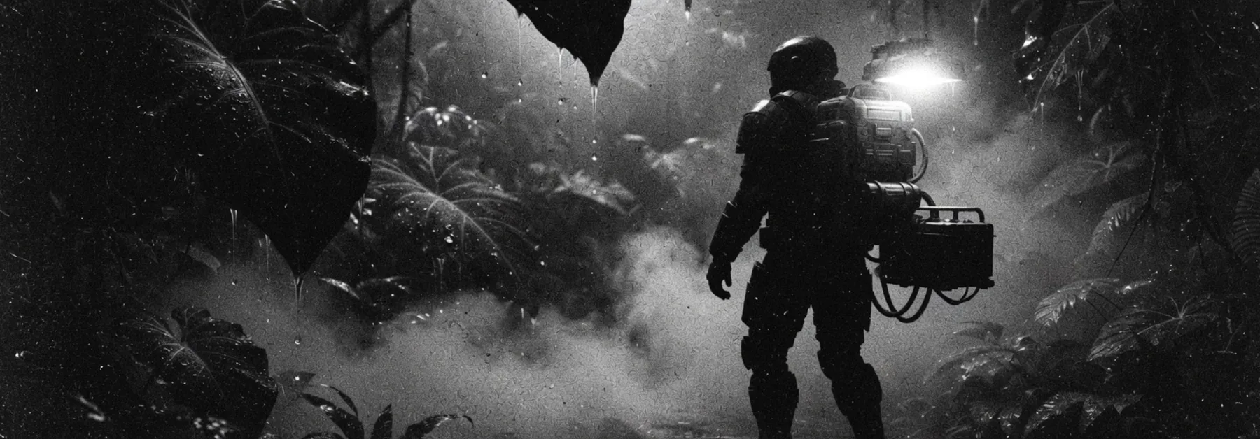 A walker in a jungle carries its own docked pack.
