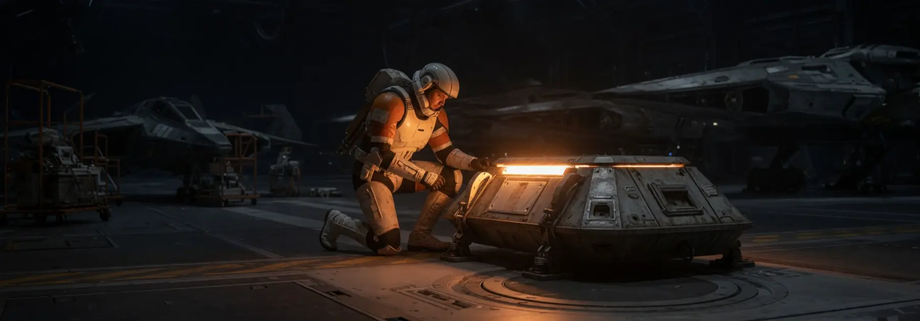 A technician kneels beside a small capsule that still glows after the hangar lights go out.