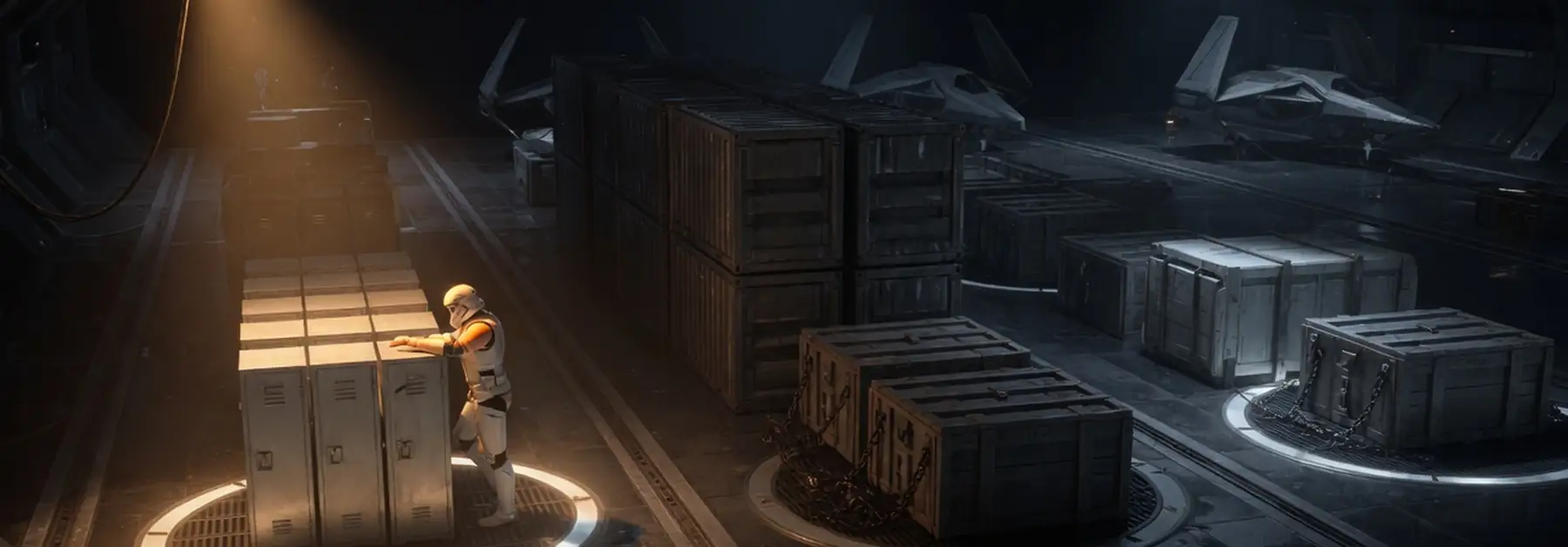 A deck officer rests a hand on small lockers inside a lit ring, while bulk containers and chained crates wait in the dark.