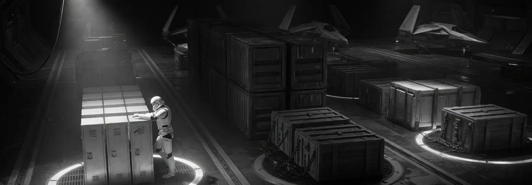 A deck officer rests a hand on small lockers inside a lit ring, while bulk containers and chained crates wait in the dark.