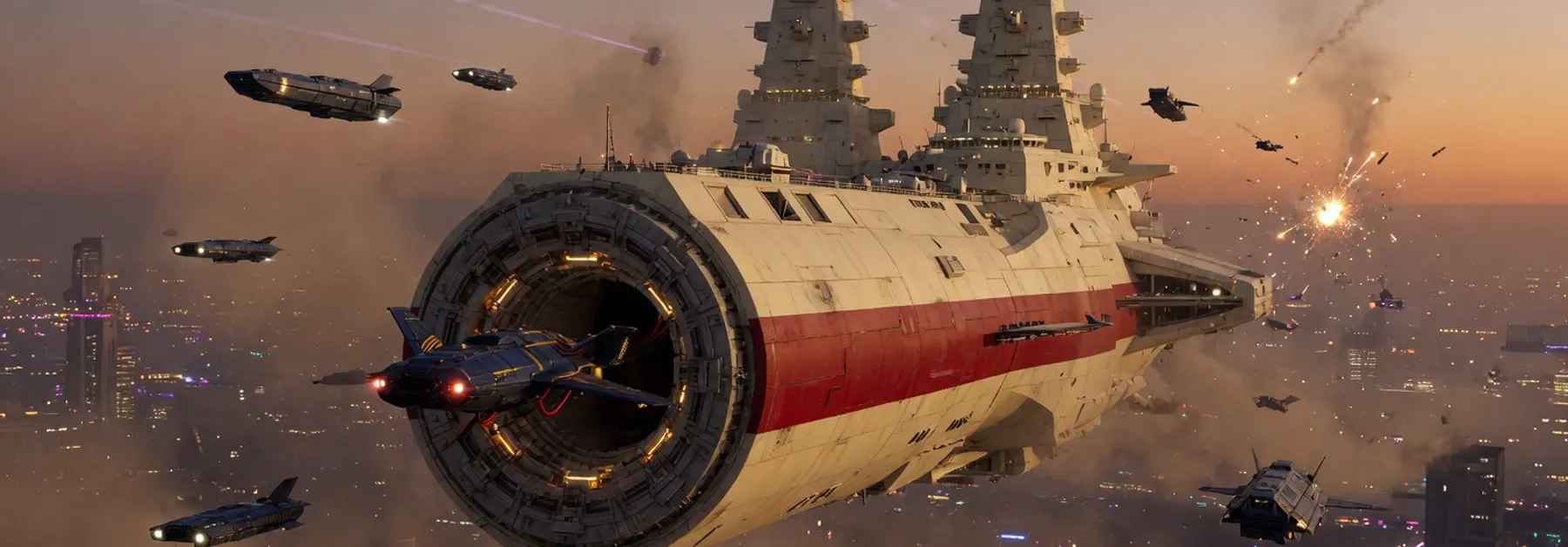 A capital ship crosses a lit city at dusk while smaller craft dock through its open bay.